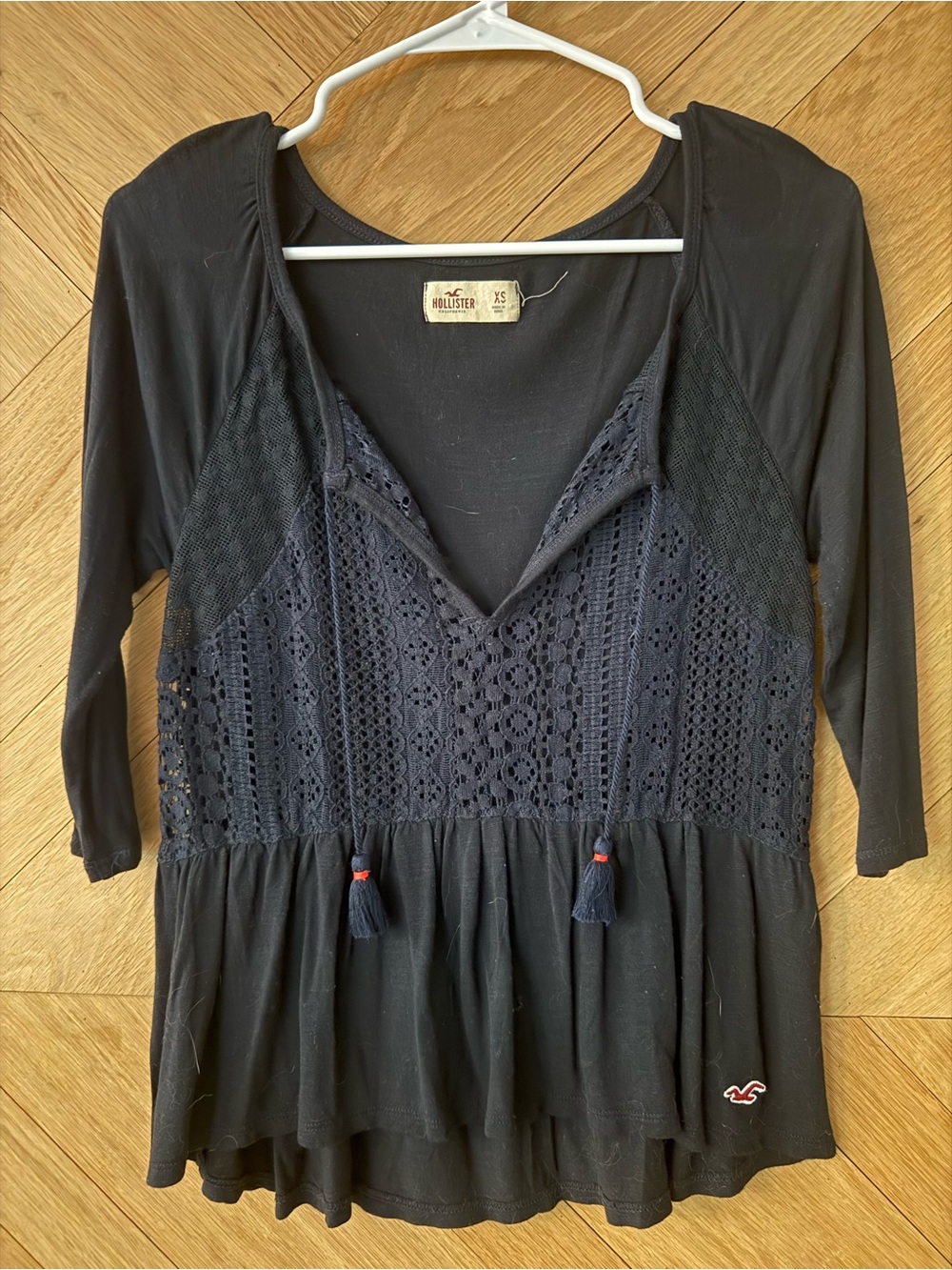Hollister Navy Blue Crochet Peplum Tassel V-Neck Top